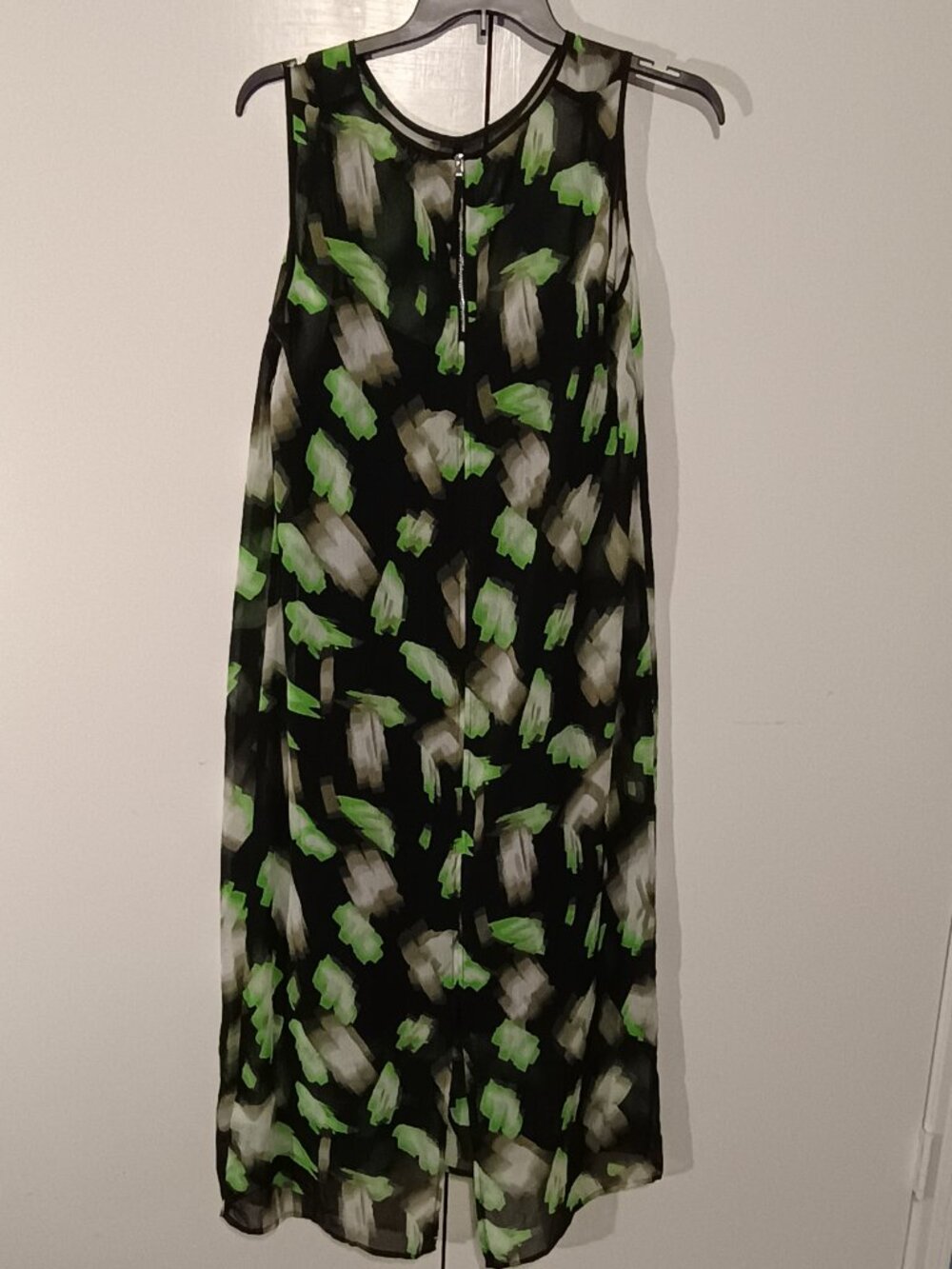 DKNY Size Large Black Green Abstract Sleeveless Sheer Overlay Midi Maxi Dress - Picture 3 of 10